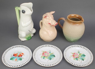 A Portuguese jug in the form of a seated frog 12", a ditto of a pig 9", 3 ribbon plates and a Studio jug 8" 