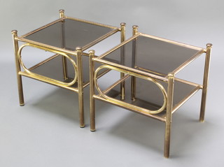 A pair of mid Century square, gilt metal and smoked plate glass lamp tables, 19"h x 19 1/2"w x 18"d 