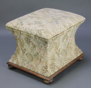 A Victorian mahogany square ottoman of waisted form with hinged lid, upholstered in tapestry material and raised on squashed bun feet 17"h x 19"w  x 21"d 