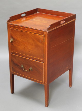 A Georgian mahogany commode with three-quarter gallery fitted a cupboard above a drawer, raised on square tapered supports 31"h x 18"w x 19 1/2"d 