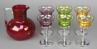 6 Continental colour glass wines with chromium stems 6" and a red glass squat jug 6" 