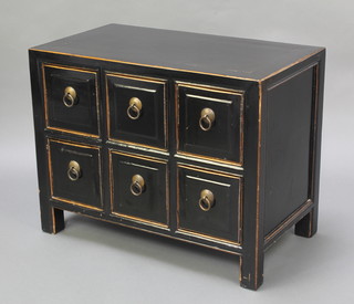 A Chinese black lacquered chest of 6 short drawers 20"h x 25"w x 14"d 