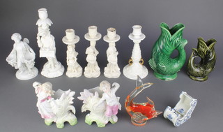 A pair of Victorian white glazed candlesticks with figural bases 8" and minor Victorian china etc