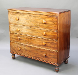 A 19th Century mahogany secretaire chest with secretaire drawer above 3 long drawers with tore handles, raised on turned bun feet 42 1/2"h x 45"w x 19"d 