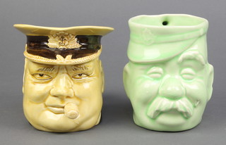 An Avon Ware character jug in the form of Sir Winston Churchill 4" and a green glazed character jug in the form of Old Bill