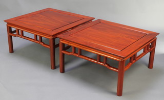 A pair of square Chinese hardwood occasional tables, raised on turned supports 16"h x 30"w x 30"d 