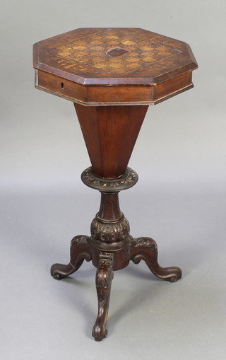 A Victorian inlaid walnut sewing box of conical form, the lid inlaid a chessboard, raised on a pillar and tripod base 31"h x 17 1/2"w x 17 1/2"d