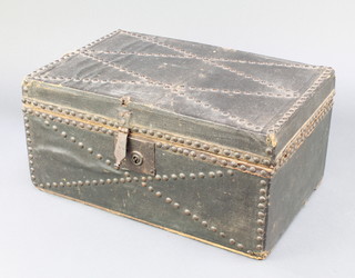 A 19th Century pine dispatch box with hinged lid covered in black studded fabric  8"h x 15"w x 10" 