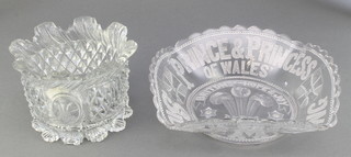 A Prince and Princess of Wales Silver Wedding commemorative moulded glass dish 1888 8 1/2", a commemorative cut and pressed glass bowl with fleur de lis cypher 5 1/2" 