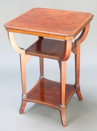 An Edwardian square inlaid mahogany and crossbanded 3 tier occasional table, raised on tapered supports 27"h x 18 1/2" square 