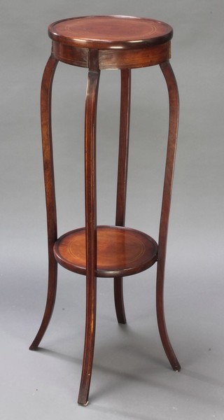 An Edwardian circular inlaid mahogany 2 tier jardiniere stand, raised on cabriole supports 38"h x 12" 