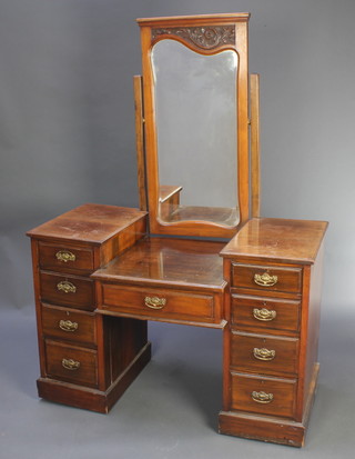 A Victorian walnut pedestal dressing table with mirror over, fitted 1 long and 8 short drawers 58"h x 47"w x 21"d 