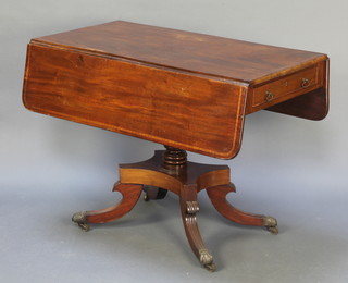 A 19th Century mahogany pedestal Pembroke table fitted a frieze drawer, raised on turned column, triform base and splayed feet 29"h x 38 1/2"w x 19 1/2" x 29 1/2" when open 