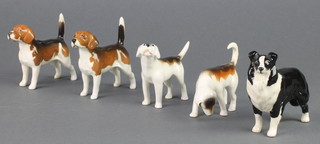 2 Beswick Beagle  Wendover Billy 1939 3", 2 others 1 head raised, 1 head down turned 3" and a sheep dog black gloss 1854 3" 