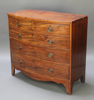 A 19th Century mahogany bow front chest of 2 short and 3 long drawers with replacement brass plated handles, having a shaped apron and raised on splayed bracket feet 38"h x 41"w x 21"d 