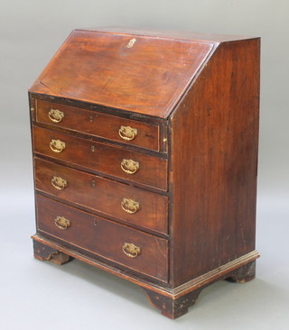 A Georgian mahogany bureau, the fall front revealing a fitted interior with pigeon holes and drawers above 4 long graduated drawers with replacement brass handles, raised on bracket feet 42"h x 34"w x 21"d 