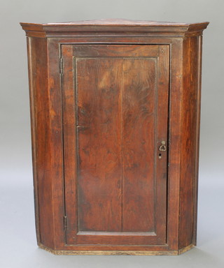 An 18th/19th Century elm hanging corner cabinet with moulded cornice, fitted shelves enclosed by a panelled door 43"h x 33"w x 20"d 
