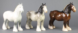 3 Beswick figures Shire Mares, grey dappled gloss, white gloss and brown gloss 818, 8 1/2"  