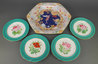 4 Edwardian dessert plates, the turquoise borders enclosing flowers 9", a Spode octagonal plate decorated with birds 14" 