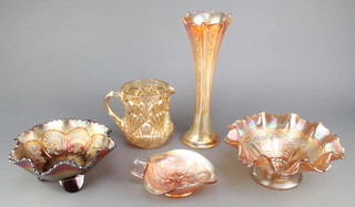 An orange Carnival glass bowl decorated peacocks and grapes 8", ditto pedestal bowl, vase jug and dish