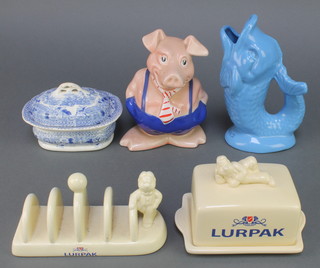 A Lurpack butter dish and cover, ditto toast rack, a Victorian soap dish, liner and cover, a Natwest Piggy Bank and a gurgle jug 