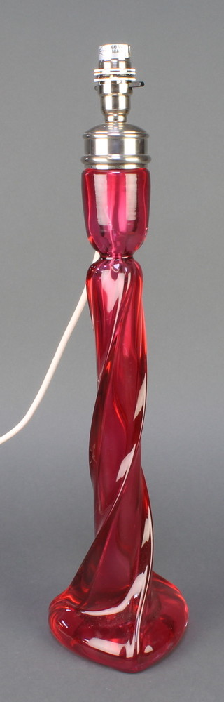 A Studio cranberry glass spiral table lamp 16" 