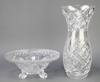 A cut glass waisted vase with hobnail decoration 16" and a ditto bowl on trefoil base 12" 