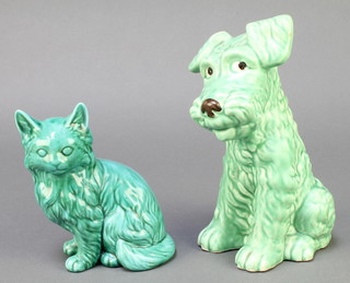 A Sylvac green glazed Terrier 7 1/2", a turquoise glazed figure of a cat 5"