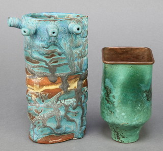A copper and enamel Studio vase stamped Santoni 157 4", a Studio Earthenware vase with faux spouts 7" 