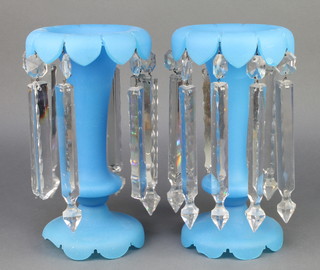 A pair of Victorian blue glass lustres with clear glass faceted drops 12"