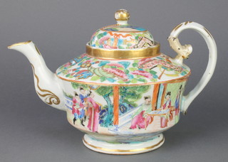 A 19th Century Cantonese famille rose teapot decorated with figures in an extensive landscape beneath a border of scrolling flowers 10 1/2" 