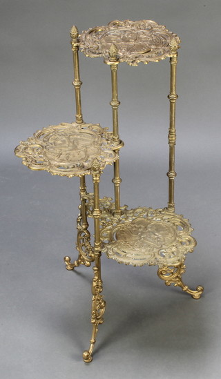 A Victorian style pierced gilt metal 3 tier plant stand decorated birds, raised on outswept supports 28 1/2"h x 16"w x 16"d  