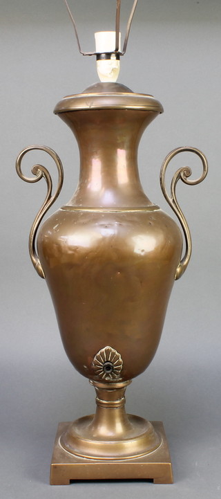 A Regency copper twin handled tea urn raised on a square base converted to a table lamp 20 1/2"h 