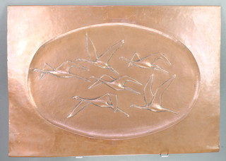 Marlier C, a rectangular embossed copper plaque decorated flying cranes 19 1/2" x 28"  