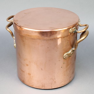 A 19th Century cylindrical copper twin handled saucepan and lid 10 1/2" x 10", the side handles marked 10