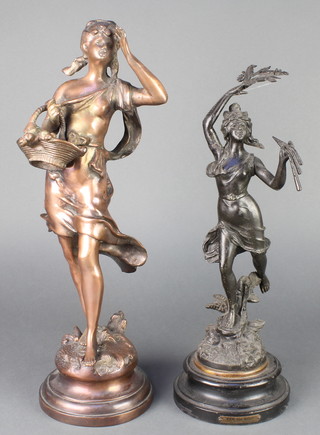 A light bronze figure of a standing girl with basket of flowers 8" and a spelter figure of a standing girl with pipes 16"