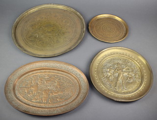An oval Persian copper dish decorated figures 10" x 14 1/2", a circular Benares brass dish 16 1/2", 1 other 9" and an embossed box decorated a troubadour 12" 
