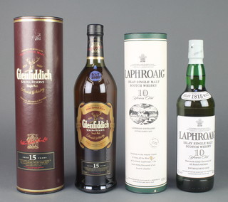 A litre bottle of Glenfiddich Solera Reserve 15 year old single malt whisky together with a 70cl bottle of Laphroaig 10 year old single malt whisky 