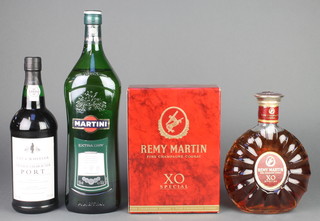 A 70cl bottle of Remy Martin XO Special Cognac, a 150clt bottle of Martini extra dry, a bottle of May Wheeler Vintage character port