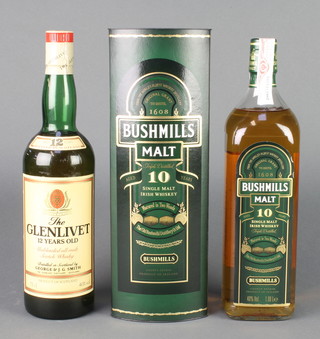 A 75cl bottle of The Glenlivet 12 year old unblended all malt scotch whisky together with a litre  bottle of Bushmills 10 year old single malt whiskey 