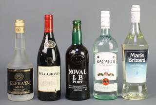 A bottle of Noval late bottled port, a 100cl bottle of Bacardi, a latre bottle of Marie Brizard, a bottle of Vina Ardanza 2001 Rioja, a 70cl bottle of Kefraya Arak