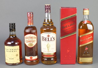 A litre bottle of Bell's Scotch Whisky, a litre bottle of Johnnie Walker Red Label whisky, a 70cl bottle of Southern Comfort and a 70c bottle of Chairman's Reserve finest St Lucia rum 