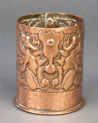 A Newlyn style cylindrical embossed copper spill vase decorated stylised dragons 3" 