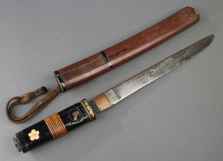 A 19th/20th Century Wakizashi with 10" blade and having signature to tang, contained in a lacquered scabbard 