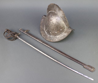 A 19th Century childs sword with 24 1/2" blade complete with scabbard and a pot style helmet (split to seam) 