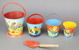 A Chad Valley tin plate childs bucket 3 1/2, an A Li-Lo ditto 4 1/2", a Continental tin plate bucket and a Fer Emba tin plate bucket 6" (handle f) and a spade