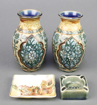 A pair of Doulton and Slaters oviform vases decorated with stylised flowers on a blue green ground 6 1/2", a Doulton Lambeth ashtray P&O 2 3/4" and a Series Ware dish Old English coaching scenes 3" 