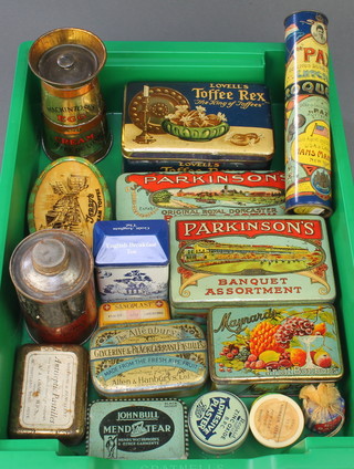 A cylindrical jar of PAS delicious Dutch American chocolate, a Parkinson butterscotch tin, ditto Lovell's toffee, Mackintosh egg and cream toffee deluxe, tin of Hygenol metal polish and various other tins 

