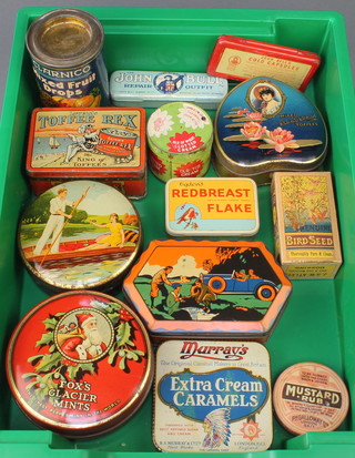 A diamond shaped tin of Mackintosh's assorted toffees, Lovell's toffee rex tin, a John Bull puncture repair outfit and a tin of Clarnico mixed fruit drops and other tins 