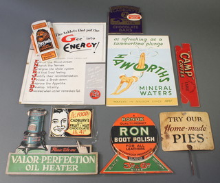 Various shop display signs "Try Our Home Made Pies",  Enerjoids Tonic tablets,  Haworths Mineral Waters, Valor-Perfection oil heaters and Ron Boot Polish etc